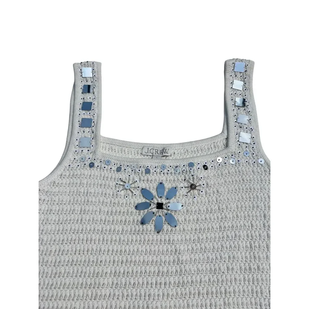 J Crew Knit Sweater Tank Hand Embellished Mirrors Square Neck White L